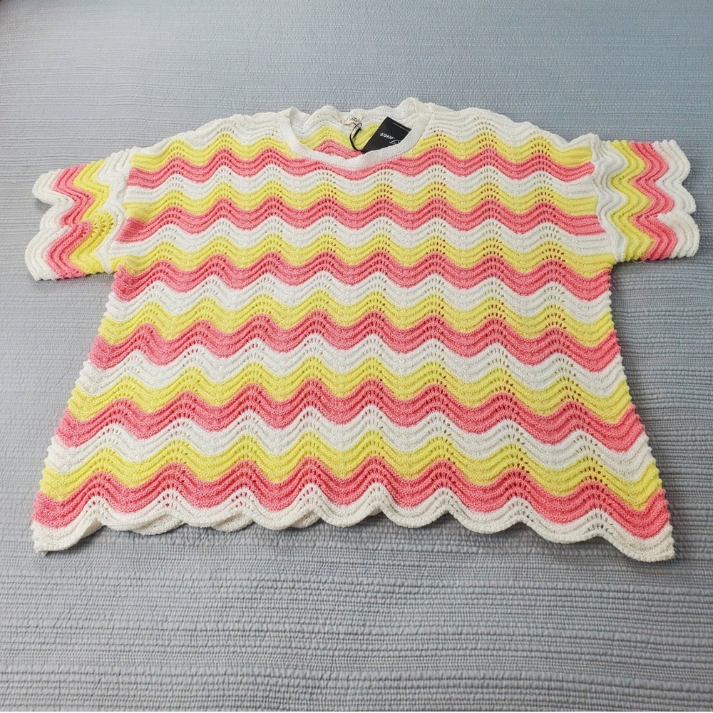 Jinna Chevron Knit Top Womens 2XL Pink Yellow NWT Scalloped Zig Zag Short Sleeve